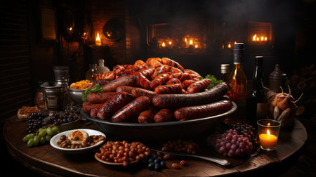 Grilled sausages with spices and vegetables on a wooden tableの素材