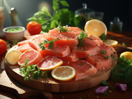 Salmon slices on cutting board with herbs and spices on wooden tableの素材