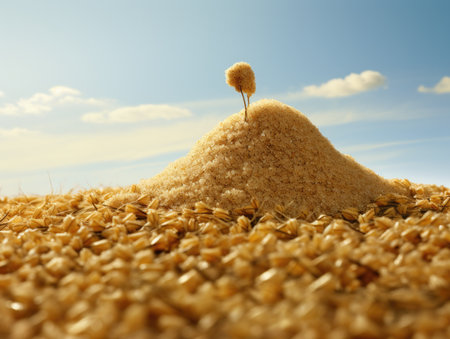 Pile of wheat grains on wheat field with blue sky in backgroundの素材