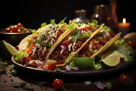 Mexican tacos with meat, cheese and vegetables on a black backgroundの素材