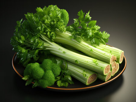 Fresh celery and parsley on a plate on a black backgroundの素材