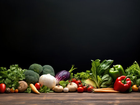 Fresh organic vegetables on wooden table, blackboard background, copy spaceの素材