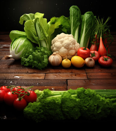 Composition with variety of raw organic vegetables on wooden table. Balanced diet. With copy space.の素材