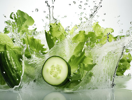 Fresh cucumber and green salad with water splash isolated on white backgroundの素材