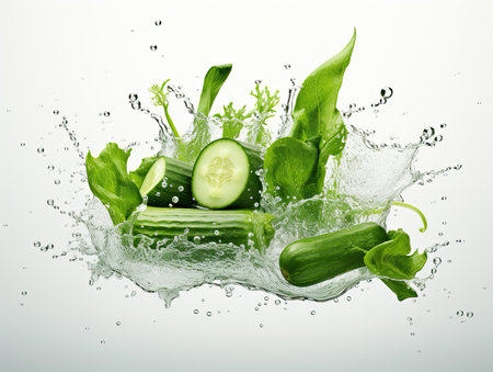 Fresh vegetables in water splash isolated on white background. 3d illustrationの素材