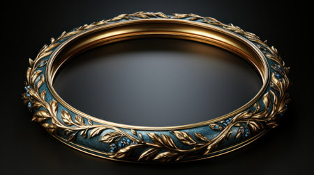 Wedding ring with gold ornament on black background. 3D renderingの素材