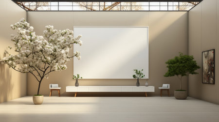 Gallery interior with empty frames on the wall, 3d render illustration. Art exhibition. Art gallery interior with blank poster on wall. Mock up.の素材