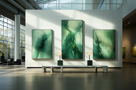 Modern art gallery interior with marble walls, concrete floor, white and green painting on the wall. 3d renderingの素材