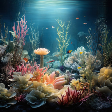Underwater world with corals and tropical fish. 3D renderingの素材