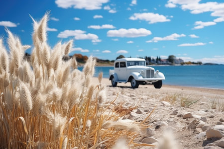 Vintage car on the beach. White dandelions on the beach with a white classic car in the background. Fluffy dandelion flower on the beach with blue sky and white clouds.の素材
