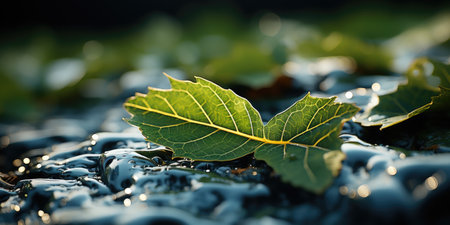 Green leaf with water drops, close-up. Nature background. 
shallow depth of field. AI generatedの素材