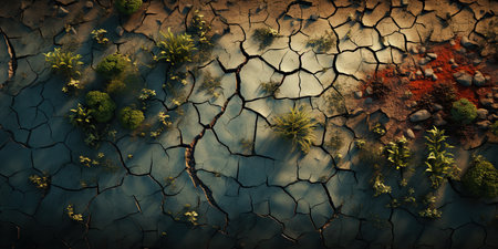 Dry land with cracked ground and green plants. 3d render. 
Green sprout growing on cracked earth background, global warming, climate change concept.の素材