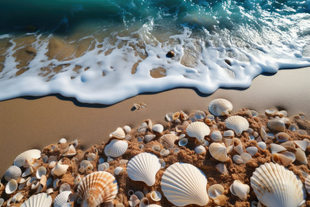 Seashells and starfish on a sandy beach with waves. 
Summer background. Mediterranean Sea.の素材