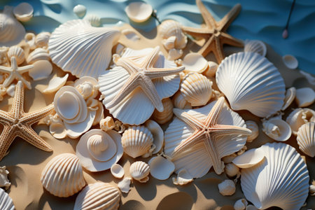 Seashells and starfish on a sandy beach with waves. 
Summer background. Mediterranean Sea.の素材