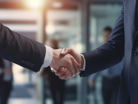 Two businessmen shaking hands in office. Close-up of business handshake.の素材