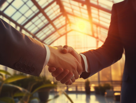 Business partners, people shaking hands, finishing up a meeting or negotiation in a modern office building. 
Teamwork, business handshake concept.. close-up. AI generatedの素材