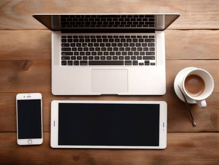 Laptop, smartphone and cup of coffee on wooden table, top viewの素材