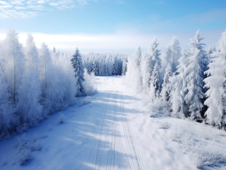Winter road in the forest. Winter landscape with snow covered trees.の素材
