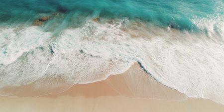Aerial view of beautiful beach with turquoise water and white sand. Top view of a beach with waves breaking on the sand. AI generatedの素材