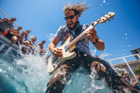 Portrait of happy young man playing guitar in water and having fun.の素材