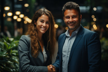 Portrait of a smiling business couple standing in the city at nightの素材