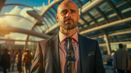 Portrait of a confident businessman standing in front of modern office buildingの素材