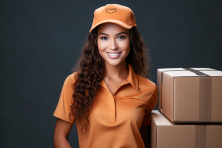 Portrait of smiling delivery woman in orange uniform with cardboard boxes.の素材