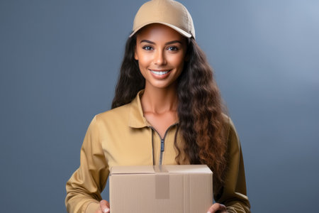Portrait of delivery woman in cap holding cardboard box on grey backgroundの素材