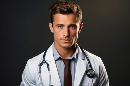 Portrait of a handsome young male doctor with stethoscope isolated on black backgroundの素材