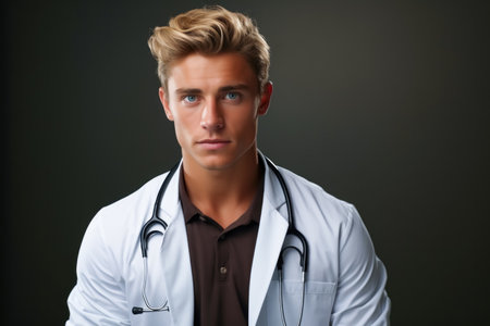 Portrait of a handsome young man doctor with stethoscope.の素材