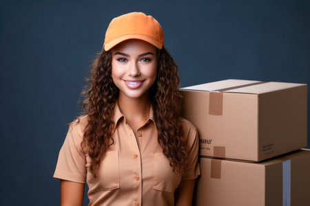 Young delivery woman with boxes on grey background. Smiling delivery woman.の素材