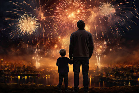 Back view of father and son looking at fireworks over night cityscapeの素材