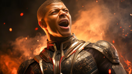 Portrait of a screaming african knight in armor on fire backgroundの素材