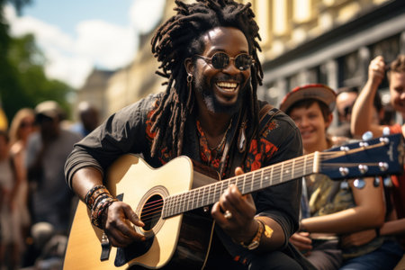 Young african american man with dreadlocks playing guitar in the streetの素材