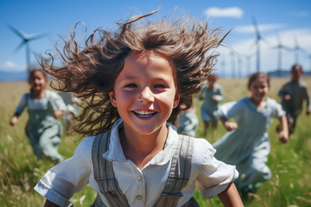Portrait of a happy little girl running with wind turbines in the backgroundの素材