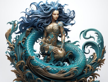 Beautiful mermaid with blue hair sitting on a blue dragon.の素材