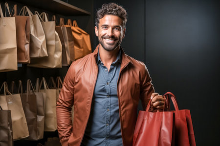 portrait of smiling man holding shopping bags in boutique and looking at cameraの素材