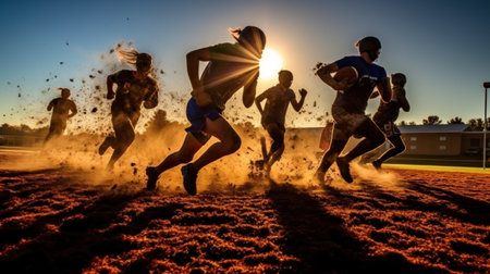 group of young sportive people running on the sand at sunset.の素材