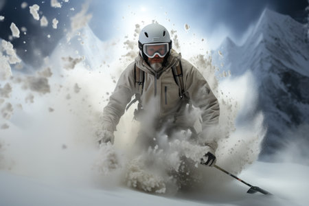 Skier skiing downhill in high mountains with clouds of snow. Mixed mediaの素材