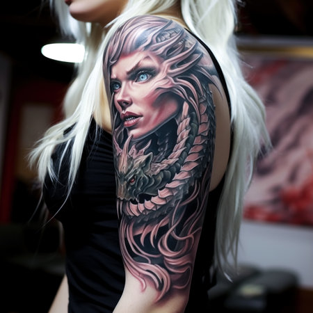 Close-up portrait of a beautiful woman with tattoo on her bodyの素材