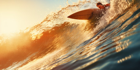 Surfer on the ocean wave at sunset. Sport and active life conceptの素材
