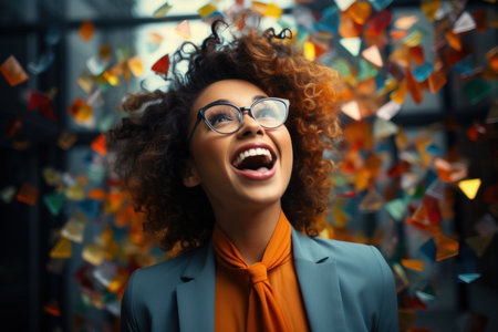Portrait of a happy african american businesswoman with curly hair and eyeglasses.の素材