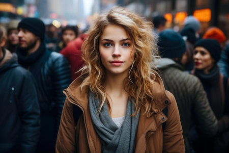 Portrait of a beautiful young woman with curly hair in a coat on the background of a crowd of people.の素材