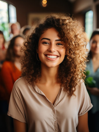 Portrait of a smiling young woman with curly hair in a cafeの素材