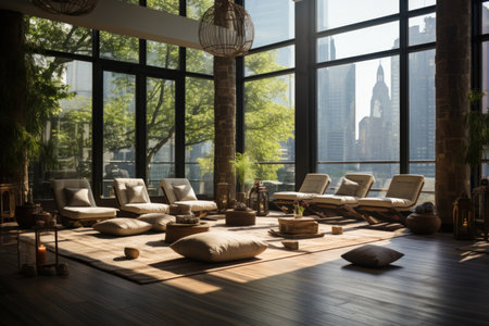 Luxury living room interior with a large window overlooking the cityの素材