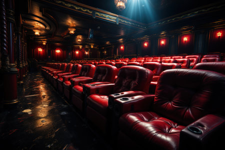 Empty cinema auditorium with red seats and spotlights, tonedの素材