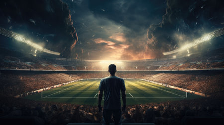 Rear view of a man standing in front of a soccer stadiumの素材