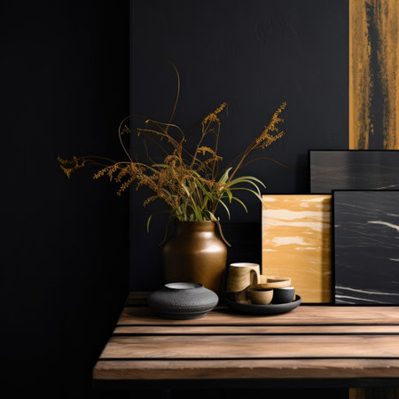 Wooden shelf with vase and books on black wall background, 3d renderの素材