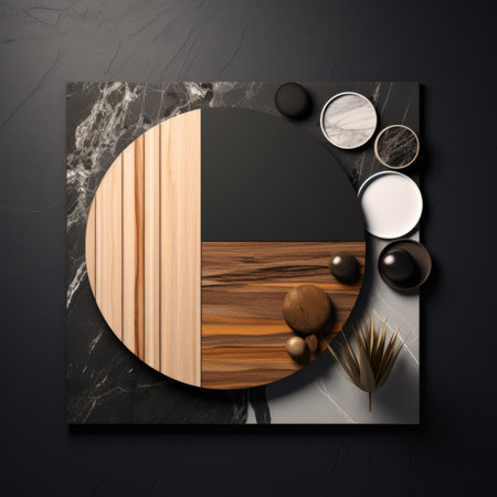 Interior of modern kitchen with black and yellow marble walls, stone floor, brown ceramic vase with dried flowers in front of black and white wall. 3d renderの素材