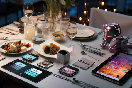 Table setting for a romantic dinner in a restaurant with a robot on the backgroundの素材